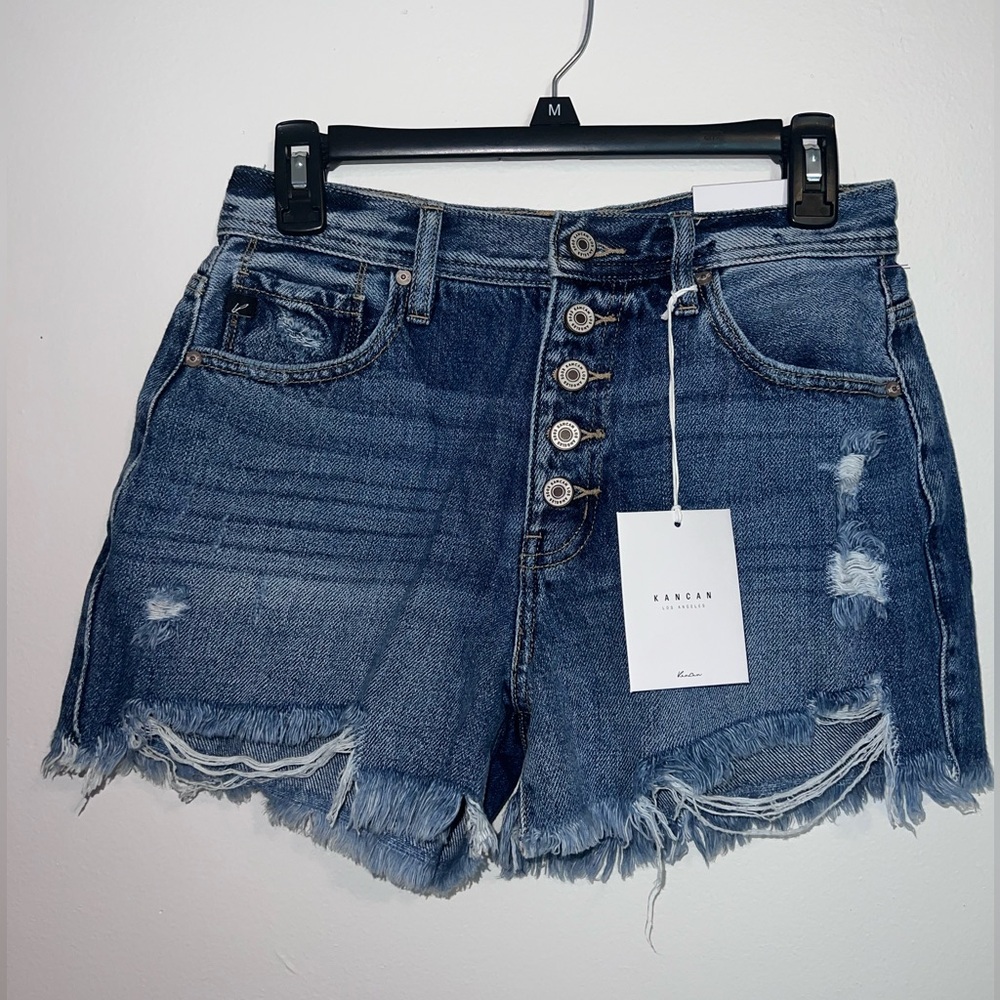 Kancan High-Rise Distressed Denim Shorts in Blue